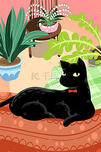 猫黑色插画图片_黑猫宠物手绘插画