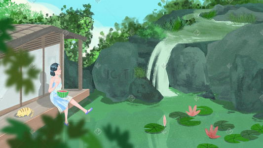 小暑海报插画图片_绿色清新自然院子夏天消暑避暑乘凉插画海报