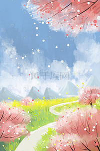 春季风景手绘插画图片_樱花风景手绘背景