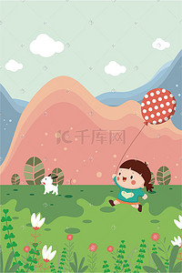 绿色的可爱的插画图片_春游拿气球的可爱小女孩人物插画