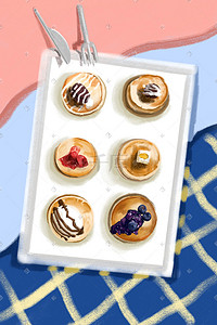 手绘蛋糕甜品插画图片_夏日餐布甜品糕点背景图