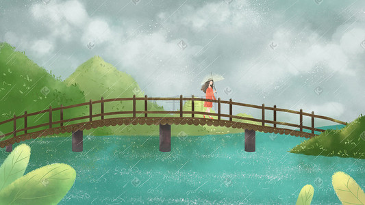 24节气之谷雨插画图片_二十四节气之谷雨小清新桥上女孩横图