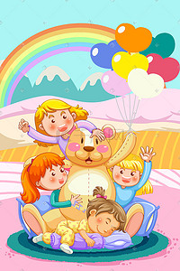 卡通六一孩子插画图片_卡通六一儿童节和玩具熊欢乐玩耍插画六一