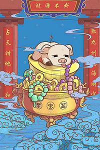 可爱猪年手绘插画图片_猪年新春聚宝盆可爱手绘