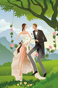 求婚插画图片_婚礼浪漫的树下求婚