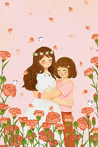 母亲图插画图片_粉色母亲节母女亲子拥抱康乃馨花环温馨配图
