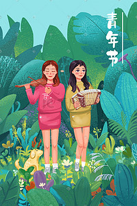 五四女插画图片_青年节拉琴的女青年人物插画