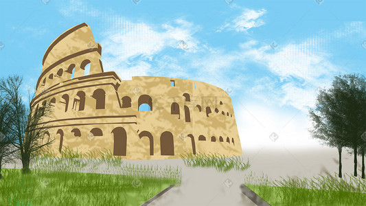 建筑古罗马斗兽场世界著名斜塔地标古罗马斗兽场建筑长城色彩创意插画
