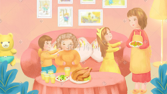 鸡年春节插画图片_温馨唯美一家人准备晚餐插画