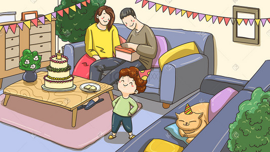 父母动图插画图片_父母陪伴孩子过生日