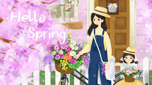 春spring插画图片_春天你好樱花盛开温暖场景