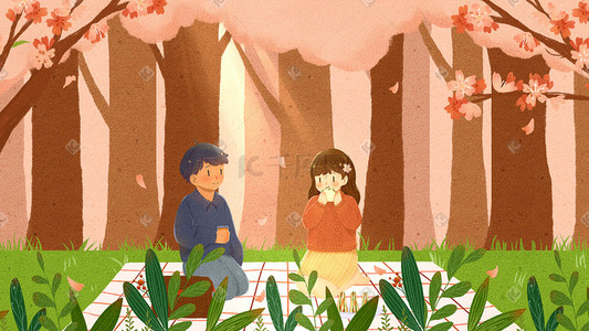 粉色春分春游野餐樱花森林情侣卡通扁平配图