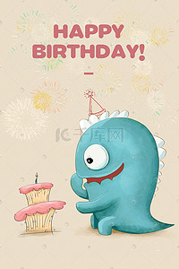 生插画图片_Q版卡通生小怪兽生日开心的收到蛋糕礼物