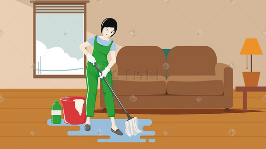 手拿清洁工具插画图片_清洁工人在打扫卫生