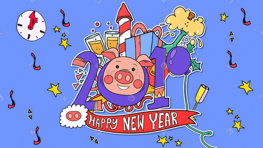 猪年插画图片_卡通2019猪年新年快乐漫画风插画