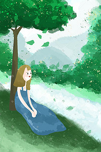 在树插画图片_坐在树下休息的女孩