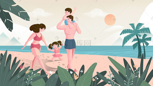 海滩游玩插画图片_幸福全家海滩游玩插画banner背景