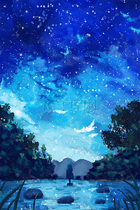 夜景发光插画图片_手绘唯美的星空夜景
