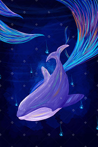 手绘深海蓝紫色梦幻鲸鱼