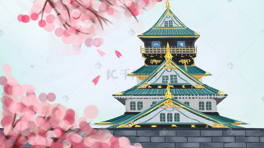 日本大阪城建筑手绘插画