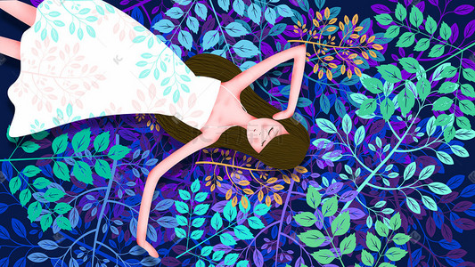 白叶子插画图片_夏天躺在草地上的女孩插画