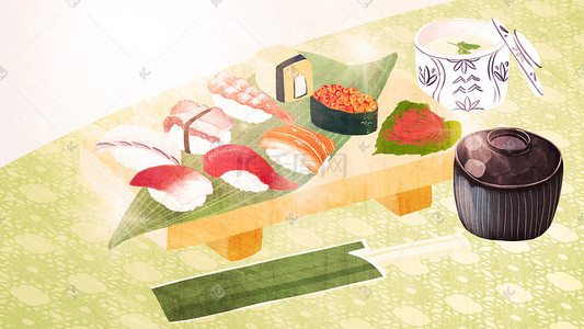 三文鱼插画图片_美食日式刺身套餐