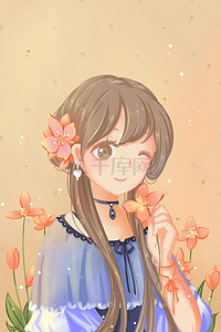 小光点插画图片_粉唯美卡通小清新少女与花春季春天花卉配图