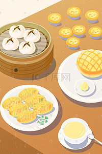 棕色铅笔屑插画图片_中华美食广式早茶浅棕色海报背景