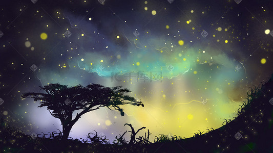 繁星汇聚插画图片_夜晚星空，树，繁星