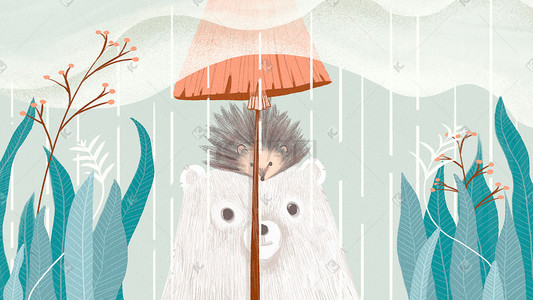 伞插画图片_手绘蘑菇伞下的友谊