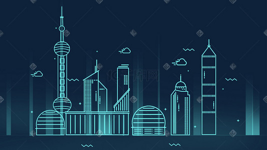 东方明珠夜景插画图片_简洁卡通线条城市地标建筑上海东方明珠