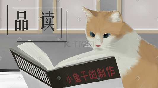 品读经典传承文明插画图片_手绘看书的猫插画背景