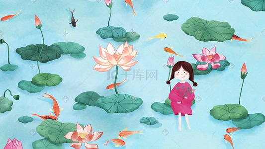 池塘荷叶鱼插画图片_夏天小女孩在池塘里摘莲藕