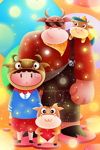 动物新年动物插画图片_牛年大聚会一家团聚新年新春佳节