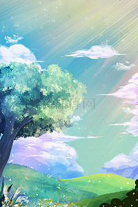 夏季树叶插画图片_夏天水彩天空蓝天云治愈草地山树叶树光阳光背景