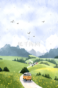 乡村介绍插画图片_夏天乡村风景小镇房屋天空蓝天云草地背景