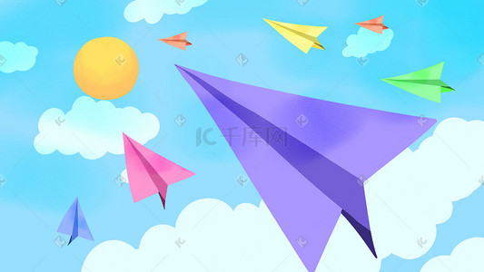 色彩背景背景插画图片_蓝色系童趣纯真治愈纸飞机天空背景