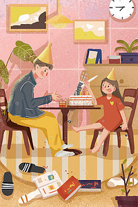 手绘多层蛋糕插画图片_父亲节温馨室内蛋糕父女庆祝手绘风格插画