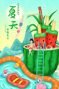 夏天卡通西瓜插画图片_卡通手绘夏天在西瓜泳池旁跳水玩耍场景配图