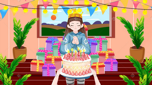 女孩生日生日蛋糕插画图片_手绘女孩过生日许愿