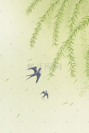 春天工笔画柳树燕子配图