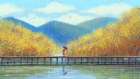 立秋秋天女孩雨伞下雨树叶树湖面桥天空背景