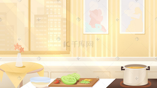 桌子近景插画图片_黄色系室内温馨阳光厨房食物背景