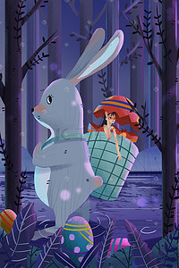 绘制彩蛋插画图片_复活节兔子彩蛋少女梦幻森林卡通小清新插画