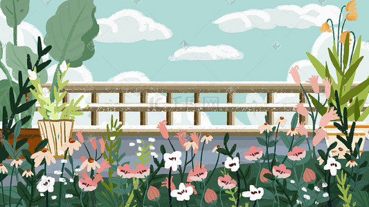 砖砌镂空栏杆插画图片_蓝色系治愈清新花丛栏杆植物蓝天白云风景