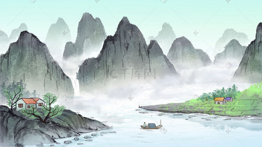 中国风水墨背景水墨山河风景