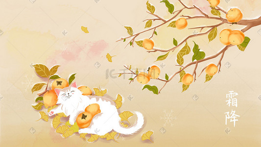 黄色中国风插画图片_中国风霜降秋天秋季风景背景猫咪与柿子