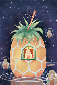 卡通菠萝水果插画图片_清新绿色唯美水果菠萝少女手绘风格插画