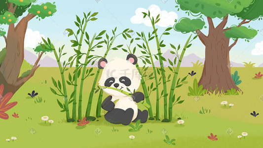 你好秋冬插画图片_五月你好熊猫吃竹子