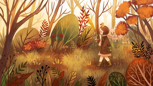 女孩在秋天森林里漫步
